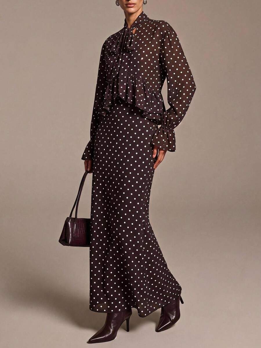 COSMINA Women's Casual Vintage Elegant Ruffle Blouse Chiffon Brown And White Polka Dot Set Dinner Party Fall - Brown - View 1