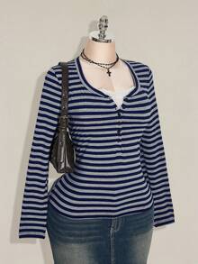 SHEIN ICON Women's Plus Size Autumn/Winter Contrast Lace Black & Grey Striped Slim Fit T-Shirt Fall - Navy Blue - View 7