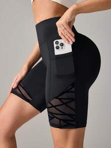 SHEIN Sports Flocked Mesh Splicing High Waist Seamless Sports Shorts - Black - View 5
