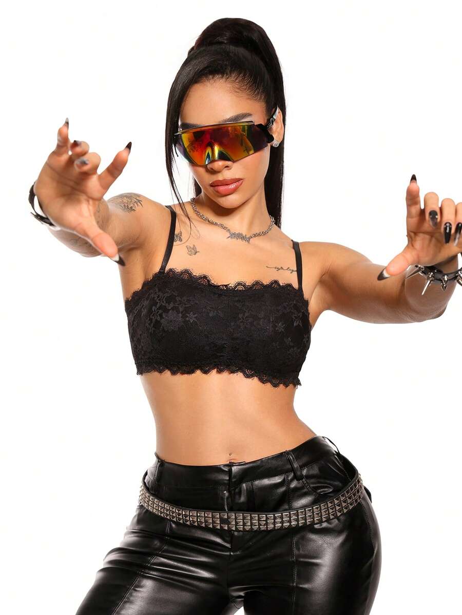 AltBold 1 Peça Sutiã Bandeau Sem Alças com Renda de Cílios da Moda para Meninas - Preto - Visão 1