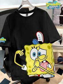 SpongeBob SquarePants | SHEIN Manfinity Joysei 男士卡通印花圓領短袖休閒寬鬆版型T恤 - 黑色 - 查看 1