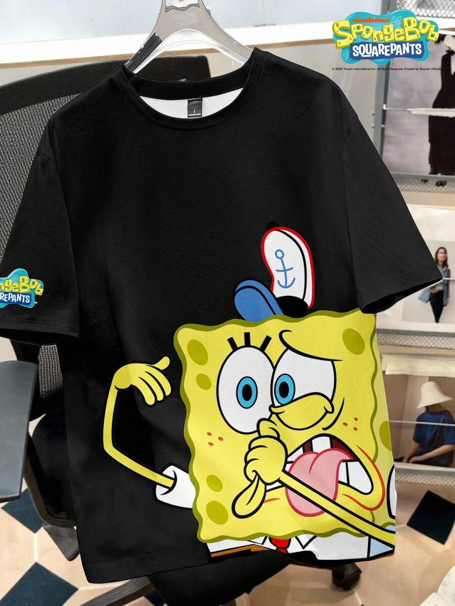 SpongeBob SquarePants | SHEIN Manfinity Joysei 男士卡通印花圓領短袖休閒寬鬆版型T恤 - 黑色 - 查看 1