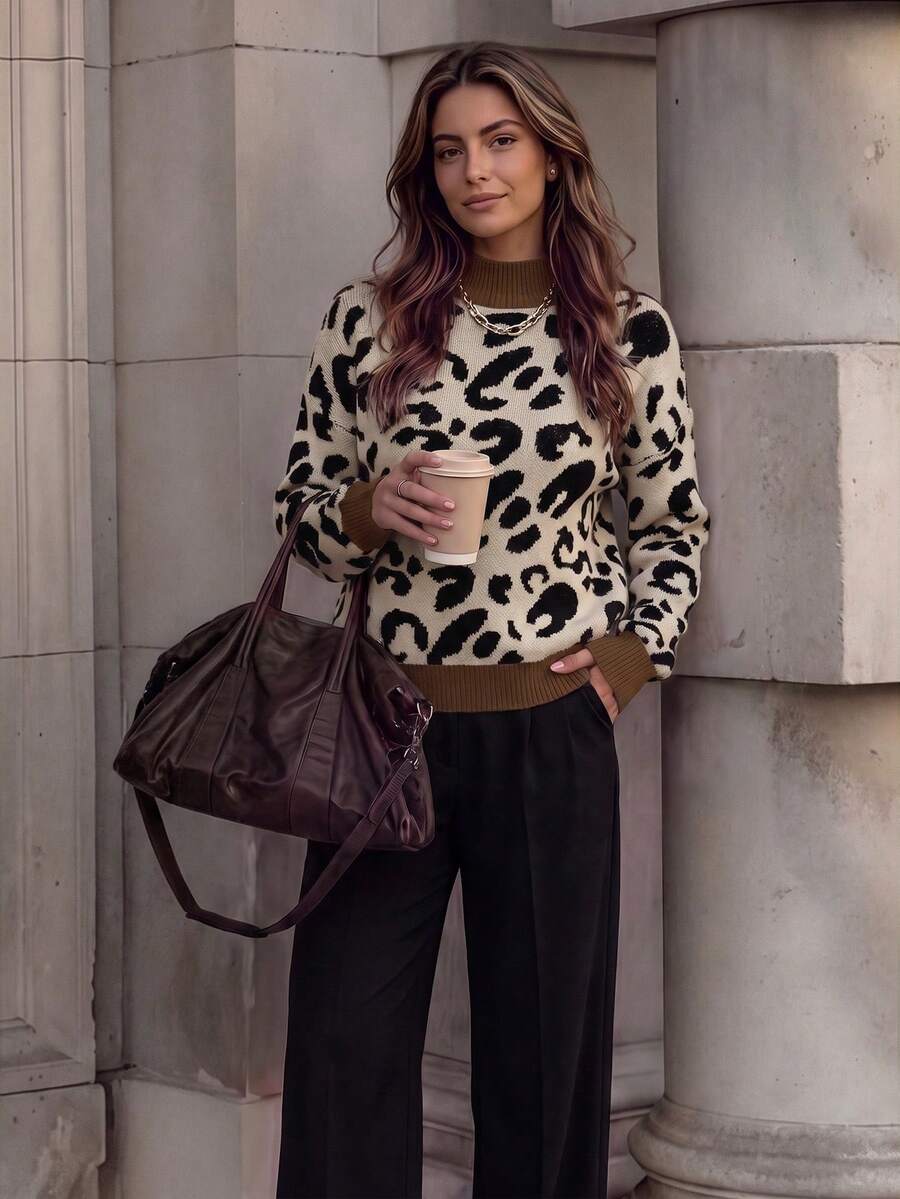 valorelle valorelle Women's Leopard Print Crew Neck Casual Long Sleeve Pullover Sweater - Multicolor - View 1