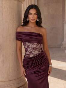 Coutiva Vestido de noche formal elegante de mujer con parches de encaje y fruncido en la cintura - Burdeos - Ver 4