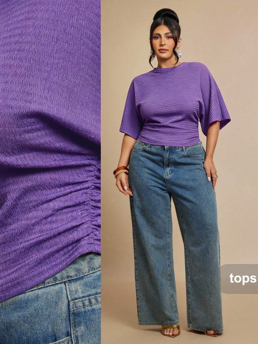 SHEIN BAE Plus Size Women's Solid Color Ruched Fitted Versatile Casual T-Shirt Fall - Purple - View 1