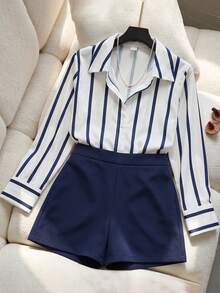 SHEIN 2pcs/Set Tween Girl Spring/Autumn Back To School Elegant Woven Striped Print Long Sleeve Button-Up Collar Shirt And Minimalist Versatile Shorts Casual - Navy Blue - View 4