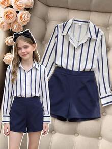 SHEIN 2pcs/Set Tween Girl Spring/Autumn Back To School Elegant Woven Striped Print Long Sleeve Button-Up Collar Shirt And Minimalist Versatile Shorts Casual - Navy Blue - View 5