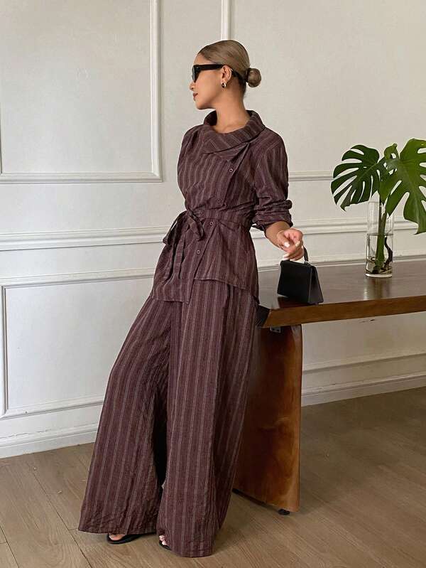 DAZY Conjunto casual de 2 piezas para mujer con camisa de manga larga con cuello a rayas y pantalones rectos sueltos para otoño