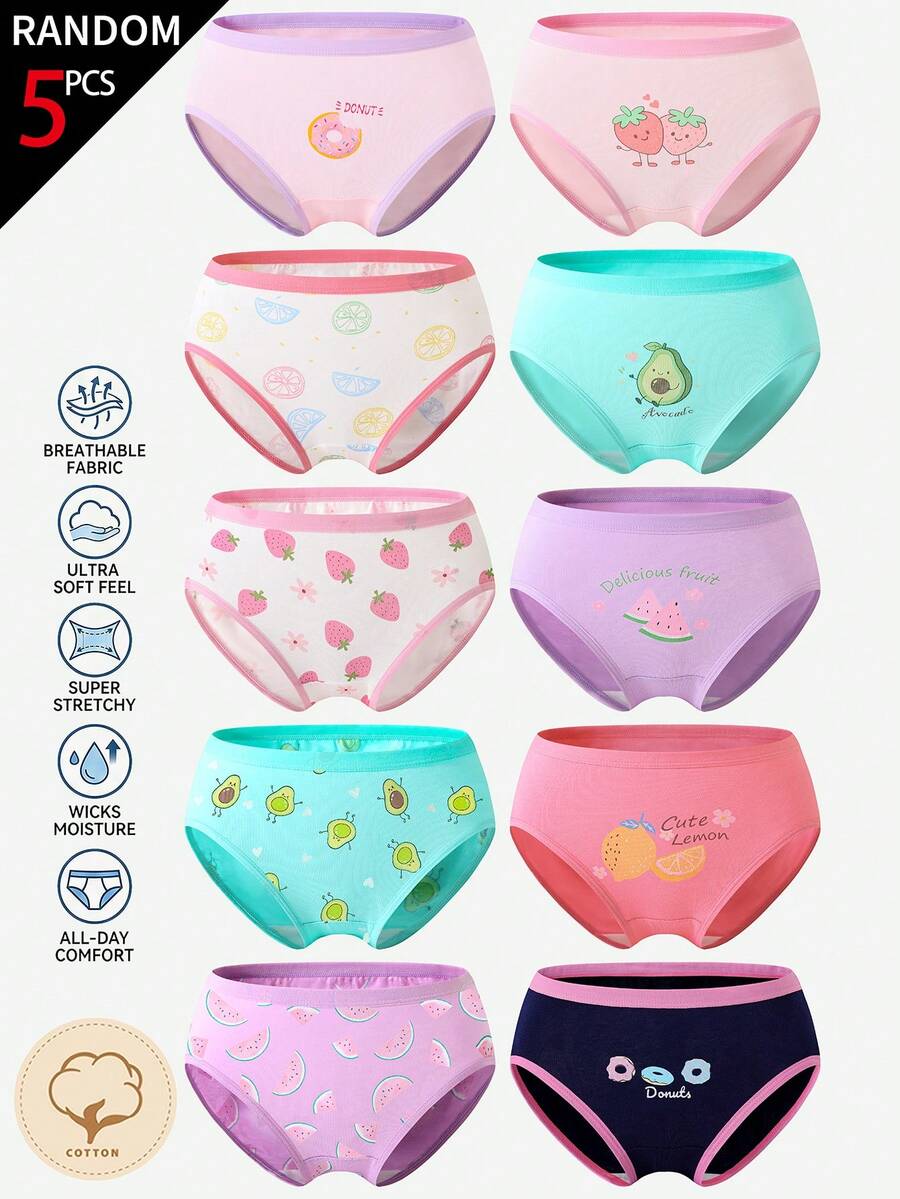 SHEIN 5件組女童幼兒內褲,四季日常穿著,多色卡通檸檬、酪梨、草莓、甜甜圈水果印花,可追溯高品質柔軟純棉,現代時尚舒適透氣親膚輕量耐穿,幼女內衣必需品套裝 - 彩色 - 查看 1