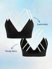 SHEIN Cheerettes 女款拼色交叉背日系健身運動內衣 黑色運動內衣 可拆式內墊 白色對比細肩帶雙層健身房適用 - 黑色 - 查看 7