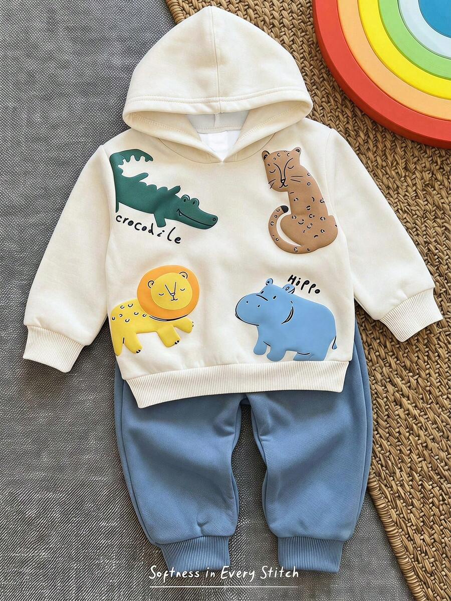 Sweatshirt Lengan Panjang Berkerudung Motif Bunga Minimalis Kasual untuk Anak Laki-Laki, Cocok untuk Musim Gugur/Dingin - MultiWarna - View 1