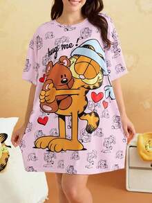 GARFIELD | SHEIN 大尺碼女款字母印花短袖休閒睡裙 - 紫色 - 查看 6