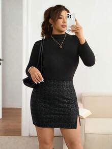 Lounesse Plus Size Spring High Slit Wrapped Hem Bodycon Skirt - Multicolor - View 4