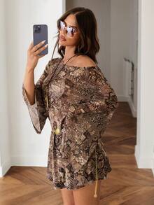 SHEIN ICON Fall Women's Going Out Brown Boho Vacation Cashew Pattern Off-Shoulder Flared Sleeve Mini Dress - Brown - View 4