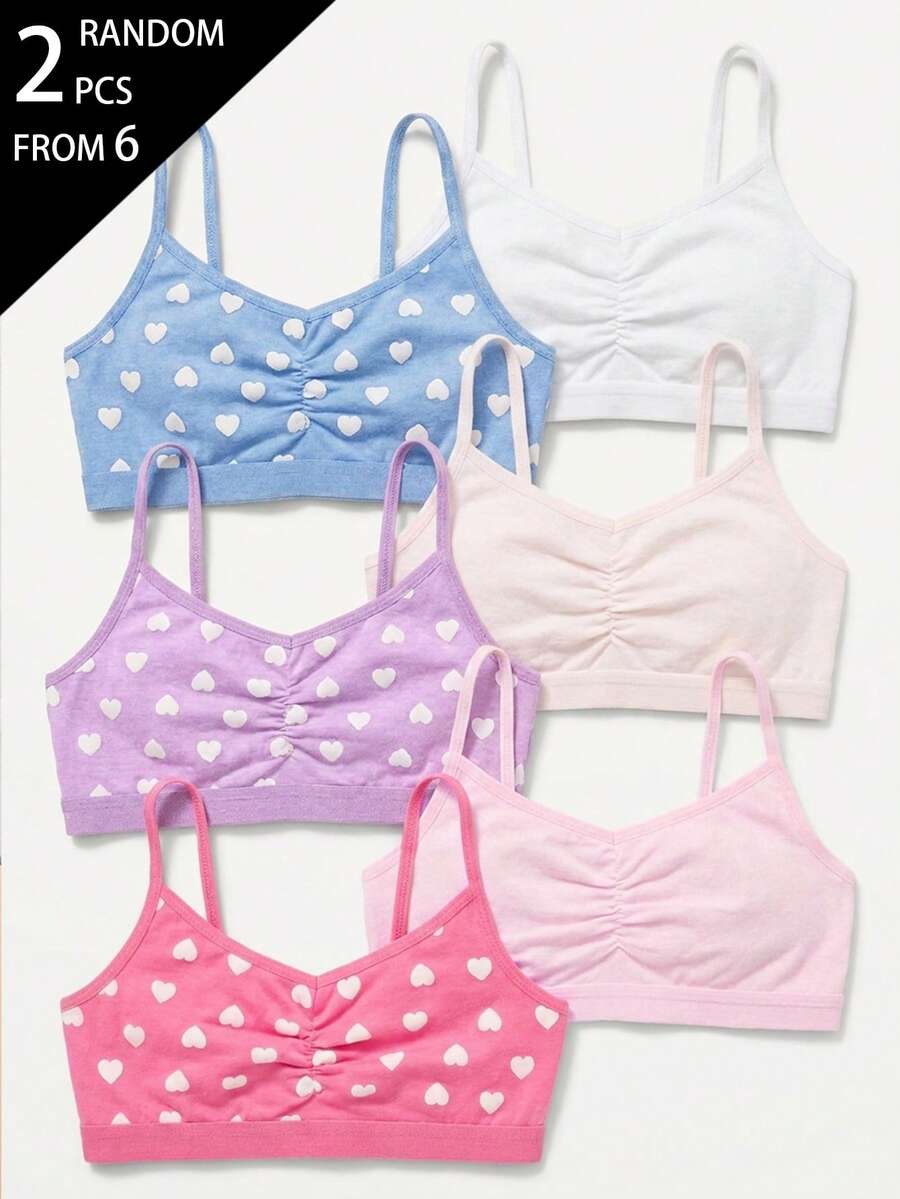 2pcs Random Assorted Colors Sweet Heart Minimalist Basic Mori Style Camisole Tank Top With Padded Chest And Ruched Design, Comfortable Soft For Girls - Multicolor - View 1