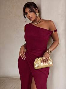 Firerie Brown Fitted Asymmetrical Shoulder Metal Decor Cinched Waist Bodycon Plus Size Women Long Dress/Elegant Commute Office Workplace Outfit Siren Style High-End Banquet Outfit Metal Buckle Decor Wrap-Around Long Dress/Prom/Wedding Season/Valentine's Day/Party/Sexy/Commute/Elegant Romantic/Birthday Party Outfit - Burgundy - View 6