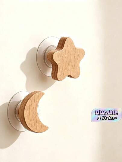 1/2pcs Solid Wood Non-Perforated Sticky Hook Non-Marking Self-Adhesive Cartoon Wall Hook Key Headset Coat Storage Decorative Hook