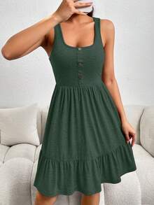 SHEIN Essnce 女士休闲纯色荷叶边下摆无袖连衣裙，夏季 - 綠色 - 查看 6