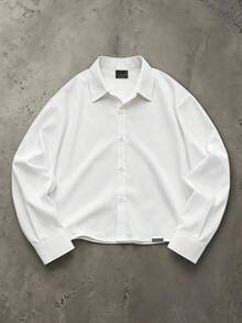 SUMWON Club Cropped Button-Front Shirt With Spread Collar Script Back Print Long Sleeve Summer Casual Overshirt - White - View 2