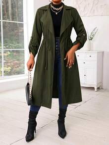 SHEIN Lady Jaket Trench Coat Wanita Warna Polos Berlipit, Modis, Serbaguna, untuk Aktivitas Sehari-hari, Kasual, dan Kasual. - Dark Green - View 3