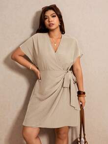Elaquor Vestido casual de verano de talla grande con lazo y unicolor - Caqui - Ver 7