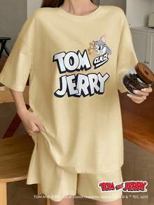 TOM AND JERRY X DAZY 休閒寬鬆卡通印花短袖T恤與短褲睡衣套裝 夏季 - 黃色 - 查看 6