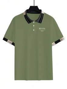 Calvornis 男士珠飾刺繡羅紋領短袖休閒 Polo 衫 - 橄欖綠 - 查看 5