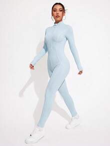 Easithlete Easithlete Women's Solid Color Long Sleeve Zipper Front Athletic Jumpsuit - Dark Grey - View 4