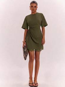 SHEIN BAE 女款蕾絲飾邊休閒日常夏季迷你洋裝 - 軍綠色 - 查看 1