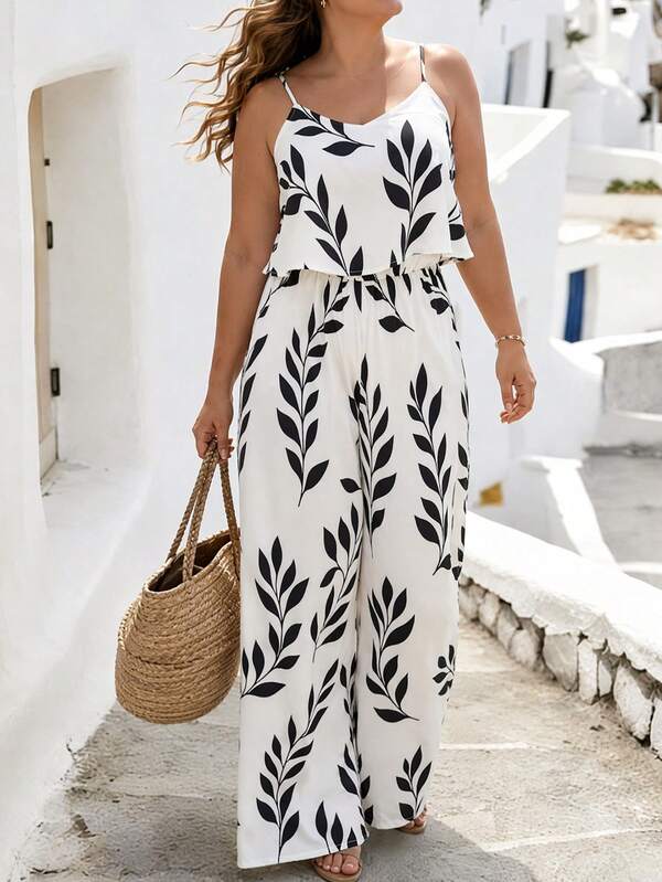 Ceyna Plus Size Women's French Casual Elegant Leaf Print Spaghetti Strap Jumpsuit