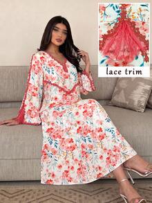 Al Najma V領蕾絲拼接橘色花卉印花阿拉伯風洋裝 - 彩色 - 查看 3