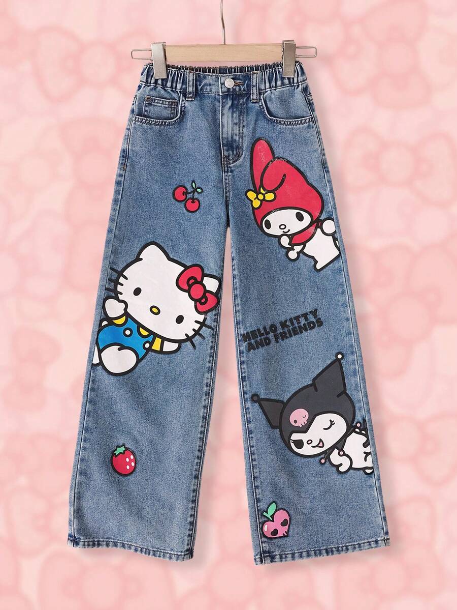 HELLO KITTY AND FRIENDS | SHEIN 青少年女孩卡通圖案寬腿寬鬆休閒牛仔褲 - 藍色 - 查看 1
