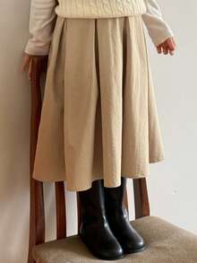 DAZY Loose A-Line Pleated Long Skirt Solid Color Cute Minimalist Young Girls Skirt Fall - Khaki - View 5