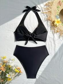 Swim Vcay 時尚花卉泳裝套裝：黑色露背比基尼上衣 + 高腰短褲，飾有鮮豔百合花圖案，時尚舒適，適合夏季度假、海灘休閒與假日穿著 - 黑色 - 查看 2