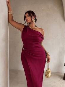 Firerie Brown Fitted Asymmetrical Shoulder Metal Decor Cinched Waist Bodycon Plus Size Women Long Dress/Elegant Commute Office Workplace Outfit Siren Style High-End Banquet Outfit Metal Buckle Decor Wrap-Around Long Dress/Prom/Wedding Season/Valentine's Day/Party/Sexy/Commute/Elegant Romantic/Birthday Party Outfit - Burgundy - View 5