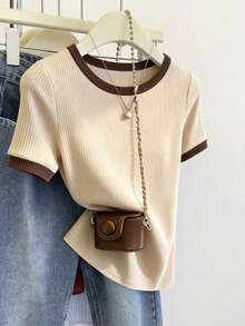 Elenzga Women's Colorblock Round Neck Short Sleeve Casual Ribbed T-Shirt - Apricot - View 4