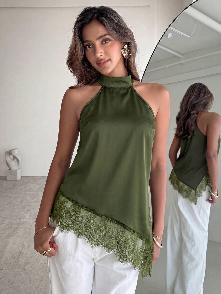 Aloruh 女款素色對比蕾絲下擺時尚掛脖上衣 - 軍綠色 - 查看 1