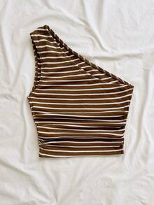 Soleia Sexy Casual One Shoulder Ruched Striped Sleeveless Top - Coffee Brown - View 2