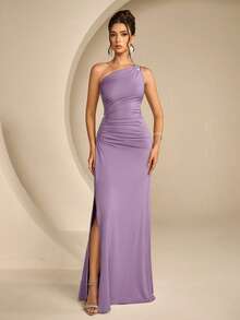 Coutiva Women's Rhinestone Embellished Pleated One-Shoulder Slit Design Elegant Cinched Waist Party Bridesmaid Dress - Lilac Purple - View 5