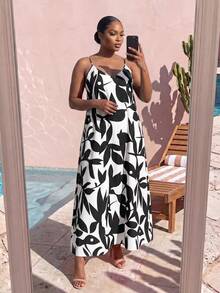 SHEIN Lady CURVE 大尺碼女款全印花休閒日常夏季旅行細肩帶洋裝 - 黑與白 - 查看 3