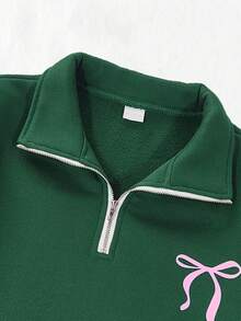Genkimix Kids Sweatshirt lengan panjang warna hijau tua serbaguna dengan desain ritsleting dan motif pita untuk remaja putri, serta desain lengan warna kontras merah muda untuk musim gugur. - Dark Green - View 7