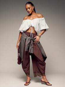 Hauture Women's Summer Sexy Minimalist Lantern Sleeve Off-Shoulder Crop Top, Perfect For Chic Office Wear, Going Out, Concerts, Girls Day, Brunch - White - View 5