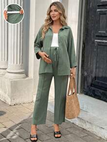 SHEIN Maternity Solid Color Single-Breasted Long Sleeve Top And Adjustable Waist Long Pants Casual Daily 2 Pieces Set Fall - Green - View 9
