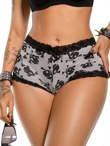 AltBold 1pc Skull Print Lace Patchwork Hipster Panties - Grey - View 5