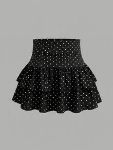 Girlism Tween女孩 春/夏新款時尚復古波點圖案針織可愛荷葉邊分層內建短褲迷你裙，Y2K，時尚個性女孩，返校季 - 黑色 - 查看 3