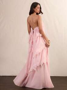 Easelle Gaun Wanita Warna Polos dengan Detail Renda Kontras di Bagian Bawah dan Rumbai, Elegan, Gaya Boho Romantis, Tali Bahu Tipis, Cocok untuk Liburan Musim Panas Warna Pink Muda - Berwarna merah muda - View 3
