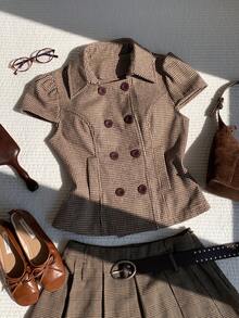 Comfortcana Jaket Trench Coat Kasual Kancing Ganda Motif Houndstooth untuk Wanita - MultiWarna - View 1