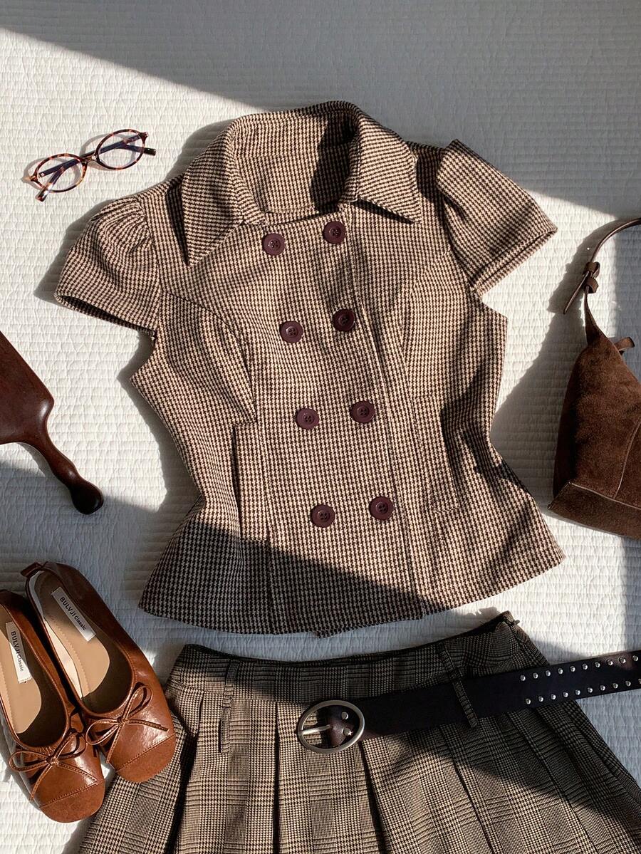 Comfortcana Jaket Trench Coat Kasual Kancing Ganda Motif Houndstooth untuk Wanita - MultiWarna - View 1