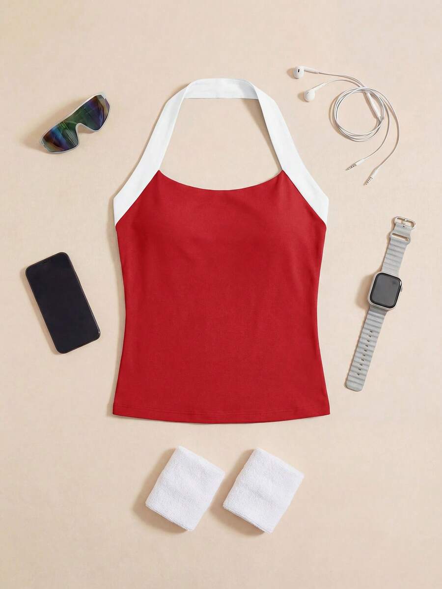SHEIN Cheerettes 女款拼色戶外掛脖背心 - 紅色 - 查看 1