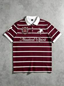 STYNVO Men's Summer Casual Striped Letter Print Polo Shirt - Burgundy - View 1